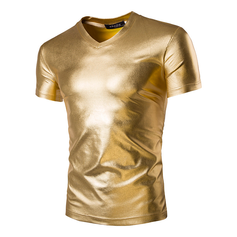 Mens-Trend-Night-Club-Coated-Metallic-Gold-Silver-T-Shirts-Stylish-Shiny-Short-Sleeves-Tshirts-Tees--32626935238