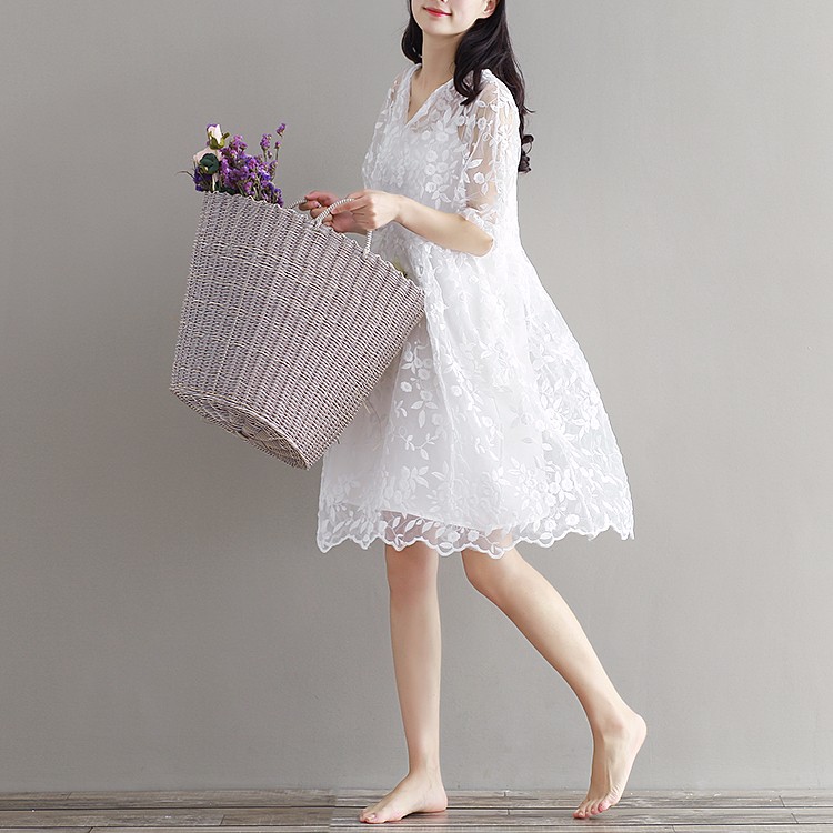 Mori-Girl-Chiffon-Dress-White-Color-High-Waist-Embroidery-Lace-Women-Dress-Half-Dress-O-Neck-Two-Pie-32687236537