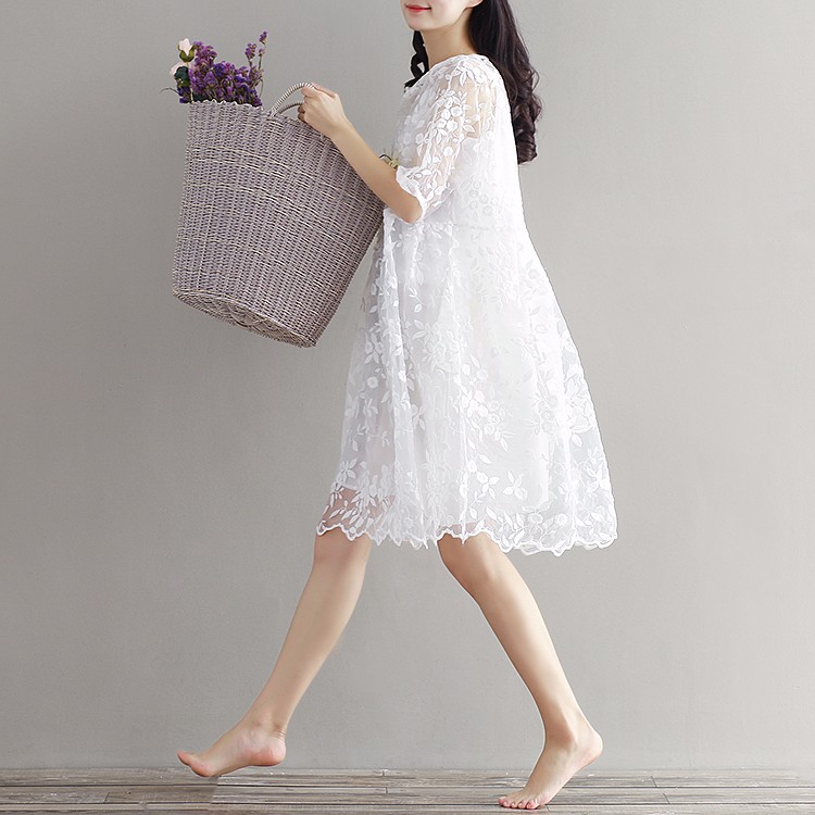 Mori-Girl-Chiffon-Dress-White-Color-High-Waist-Embroidery-Lace-Women-Dress-Half-Dress-O-Neck-Two-Pie-32687236537