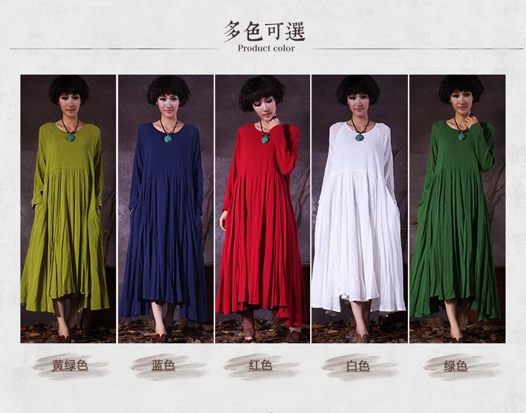 New-2017-spring-autumn-women39s-solid-colors-cotton-linen-big-hem-fashion-dress-long-sleeved-big-siz-32457557983