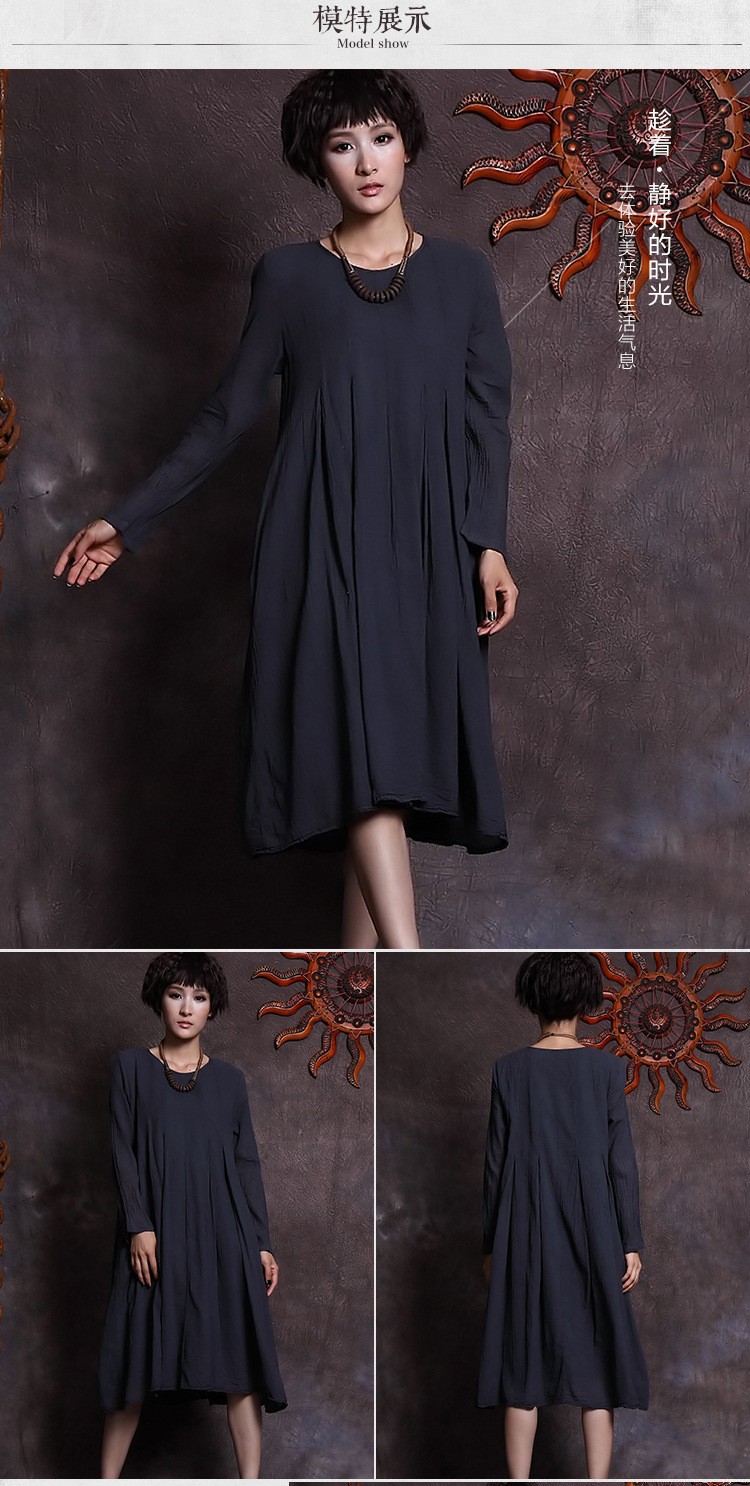 New-2017-spring-autumn-women39s-solid-colors-vintage-cotton-linen-dress-long-sleeve-big-hem-dress-fo-32430469436