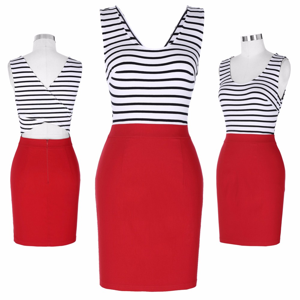 New-Fashion-Women-Dress-Sleeveless-Square-Neck-Hollowed-Back-Stripe-Splicing-50s-Rockabilly-Striped--32763573223