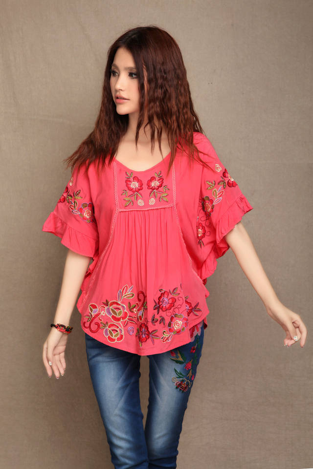 New-Free-Shipping-Vintage-70s-Mexican-Ethnic-Floral-Embroidered--Blouse-Tops-Tent--Dress-Hippie-Wome-32320380313