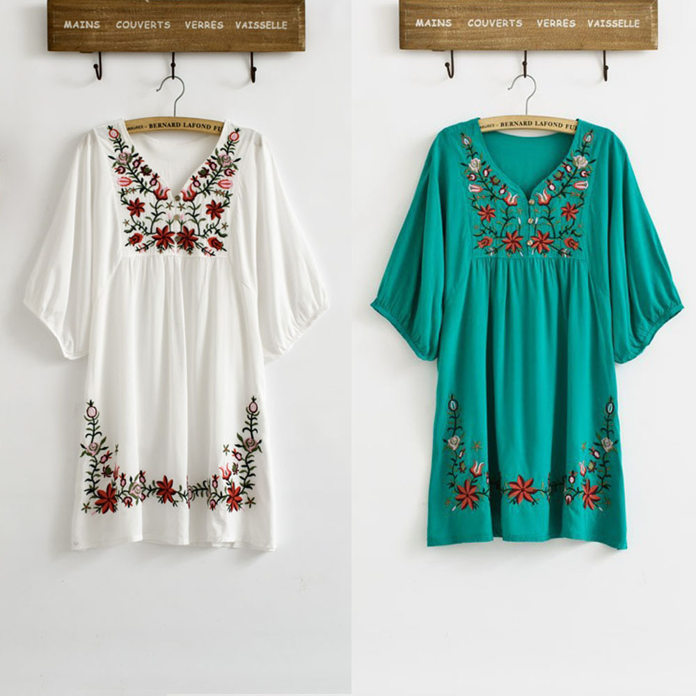 New-Free-Shipping-Vintage-70s-Mexican-Ethnic-Floral-Embroidered--Blouse-Tops-Tent--Dress-Hippie-Wome-32320380313