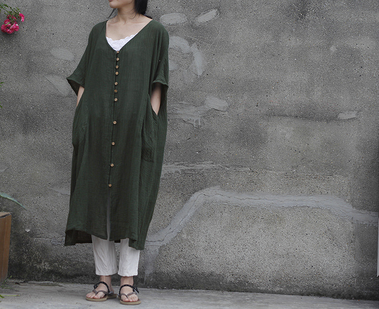 New-Women-Linen-Raglan-Short-Sleeve-Dress-Literary-2018-Summer-V-Neck-Single-Breasted-Cardigan-Robe--32349419061