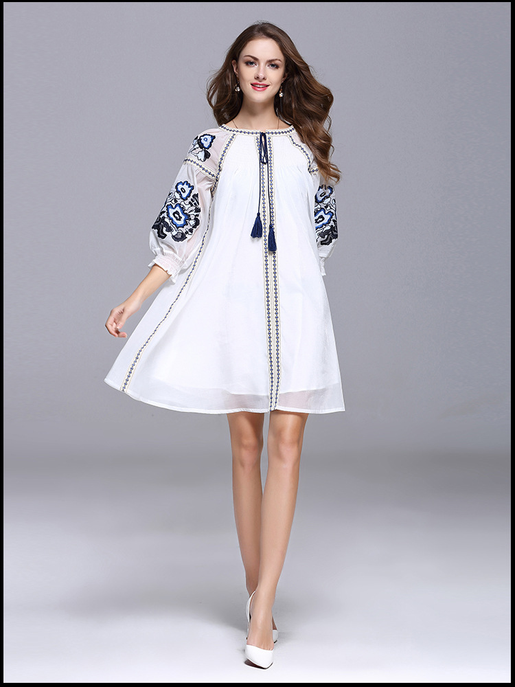 Noble-Casual-Mini-Dress-Women-XXXL-Summer-2017-Lantern-34-Sleeve-Floral-Embroidery-Tassel-National-E-32797564129