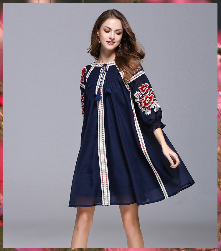 Noble-Casual-Mini-Dress-Women-XXXL-Summer-2017-Lantern-34-Sleeve-Floral-Embroidery-Tassel-National-E-32797564129