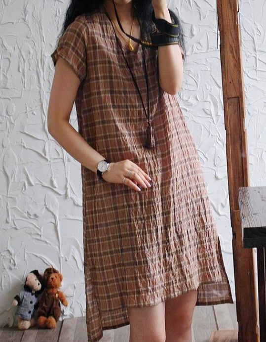 Original-Pleated-Cotton-Linen-Dress-Loose-Vestidos-2018-Short-Sleeve-Women-Casual-Plaid-Dresses-V-ne-32678097929