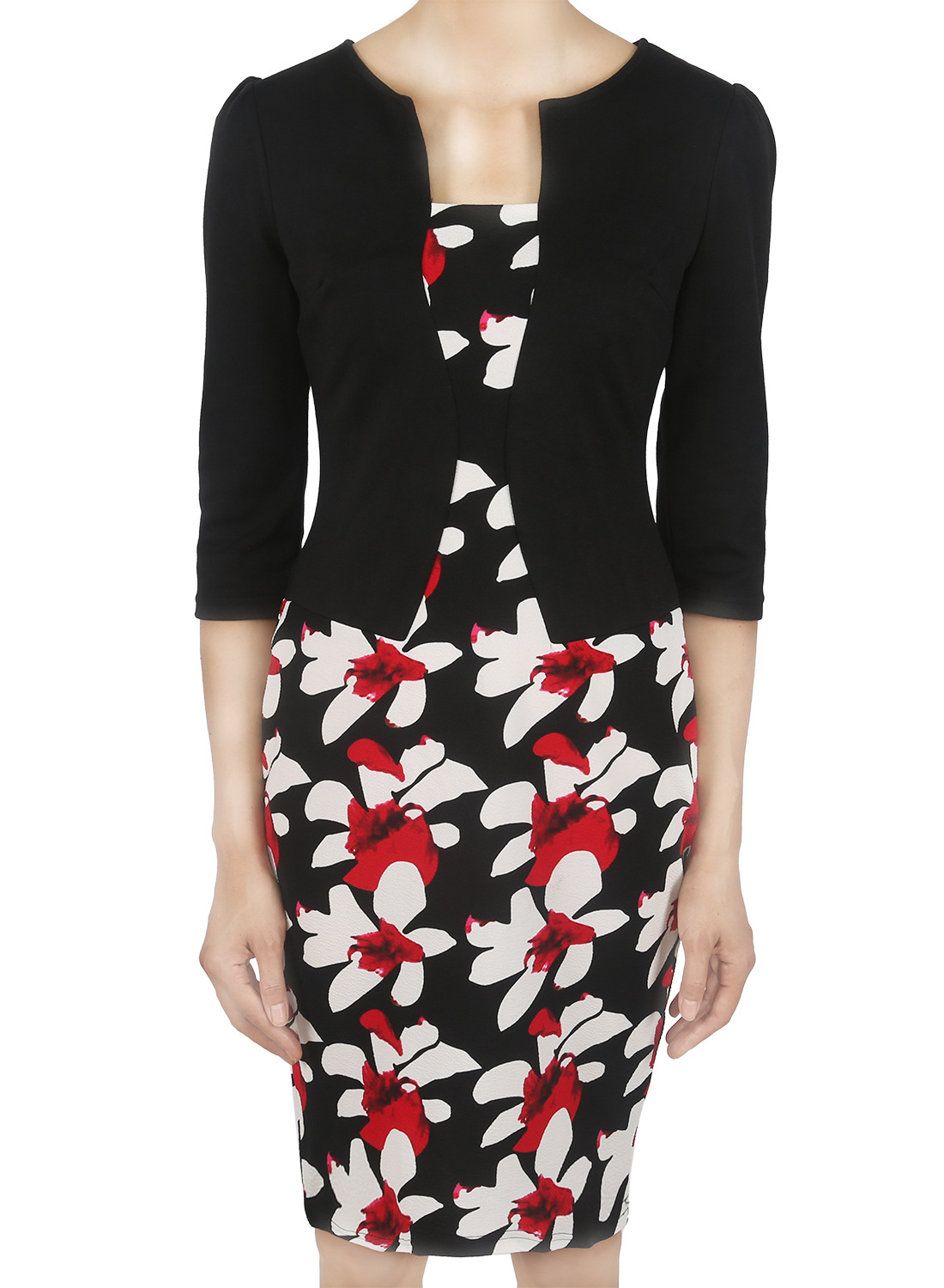 Oxiuly-Women-Faux-Two-Pieces-Elegant-Floral-Print-Patchwork-Three-Quarter-Sleeve-Work-Office-Wear-Bo-32744417752
