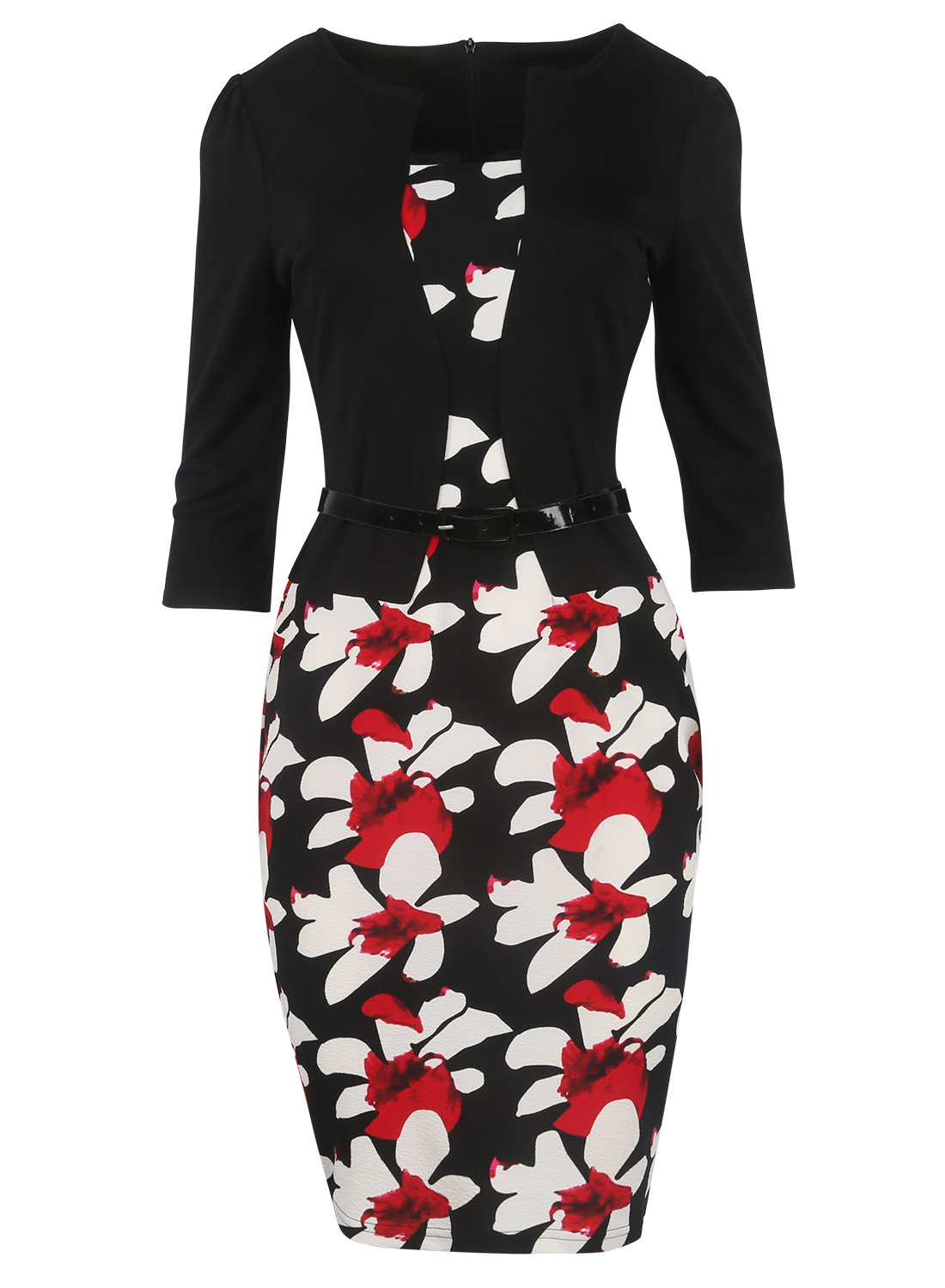 Oxiuly-Women-Faux-Two-Pieces-Elegant-Floral-Print-Patchwork-Three-Quarter-Sleeve-Work-Office-Wear-Bo-32744417752