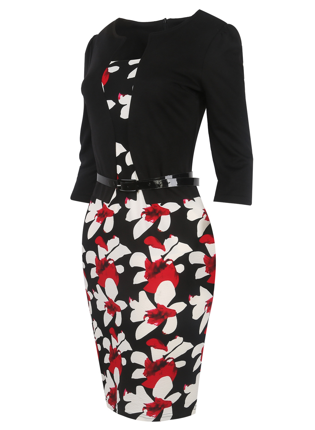 Oxiuly-Women-Faux-Two-Pieces-Elegant-Floral-Print-Patchwork-Three-Quarter-Sleeve-Work-Office-Wear-Bo-32744417752
