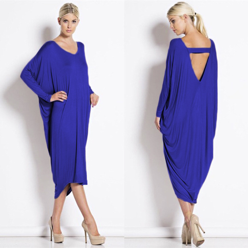 Plus-Size-Autumn-Dress-Fashion-New-Women-Solid-Color-V-Neck-Batwing-Sleeve-Backless-Casual-Loose-Par-32709426217