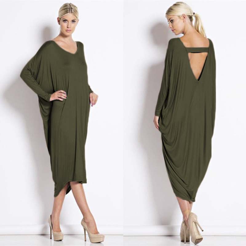 Plus-Size-Autumn-Dress-Fashion-New-Women-Solid-Color-V-Neck-Batwing-Sleeve-Backless-Casual-Loose-Par-32709426217