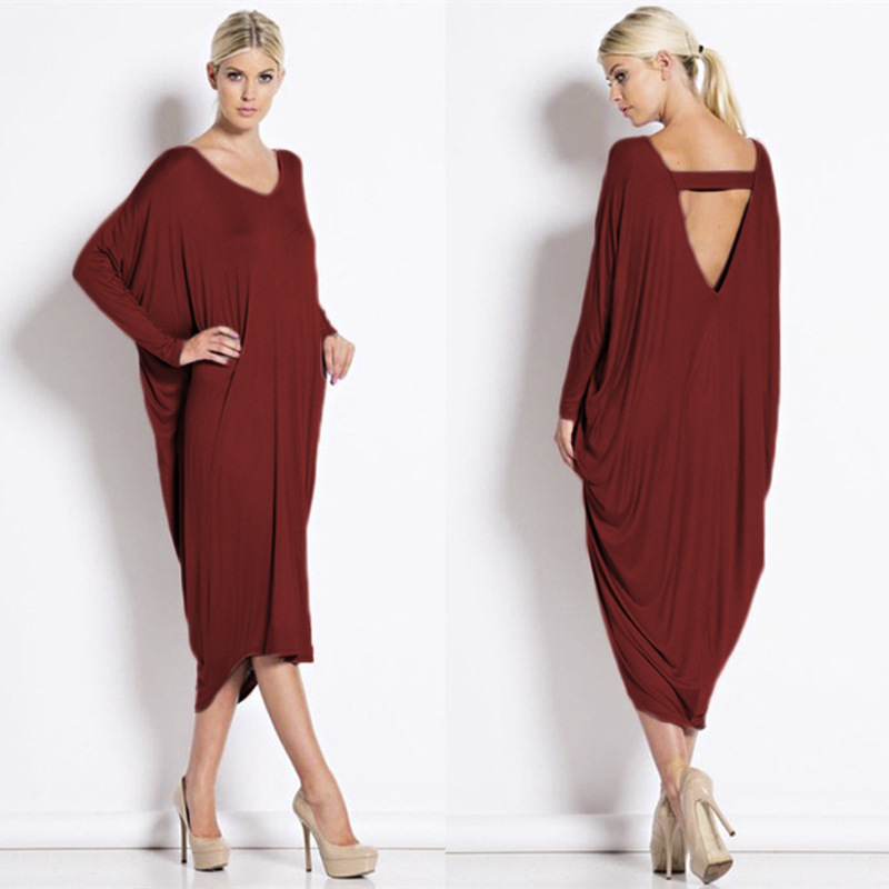 Plus-Size-Autumn-Dress-Fashion-New-Women-Solid-Color-V-Neck-Batwing-Sleeve-Backless-Casual-Loose-Par-32709426217