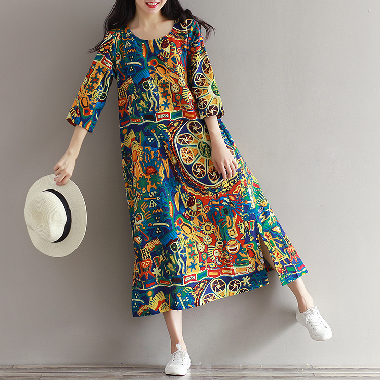 Plus-Size-Cotton-Linen-Dress-2017-Spring-New-Women-Loose-National-Wind-Round-Neck-Printed-Seven-Slee-32788321515