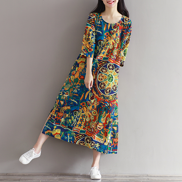 Plus-Size-Cotton-Linen-Dress-2017-Spring-New-Women-Loose-National-Wind-Round-Neck-Printed-Seven-Slee-32788321515