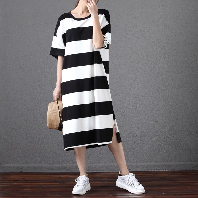 Plus-Size-Women-Cotton-Dress-Striped-Soft-Summer-Dress-Long-T-Shirt-Female-Casual-Fashion-Black-Whit-32794593527