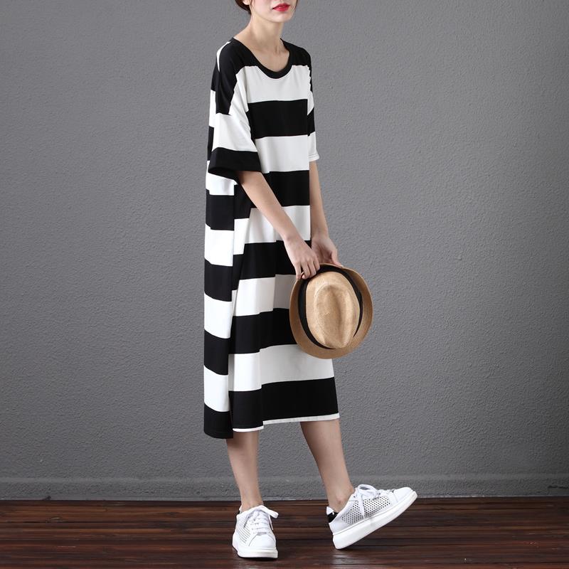 Plus-Size-Women-Cotton-Dress-Striped-Soft-Summer-Dress-Long-T-Shirt-Female-Casual-Fashion-Black-Whit-32794593527
