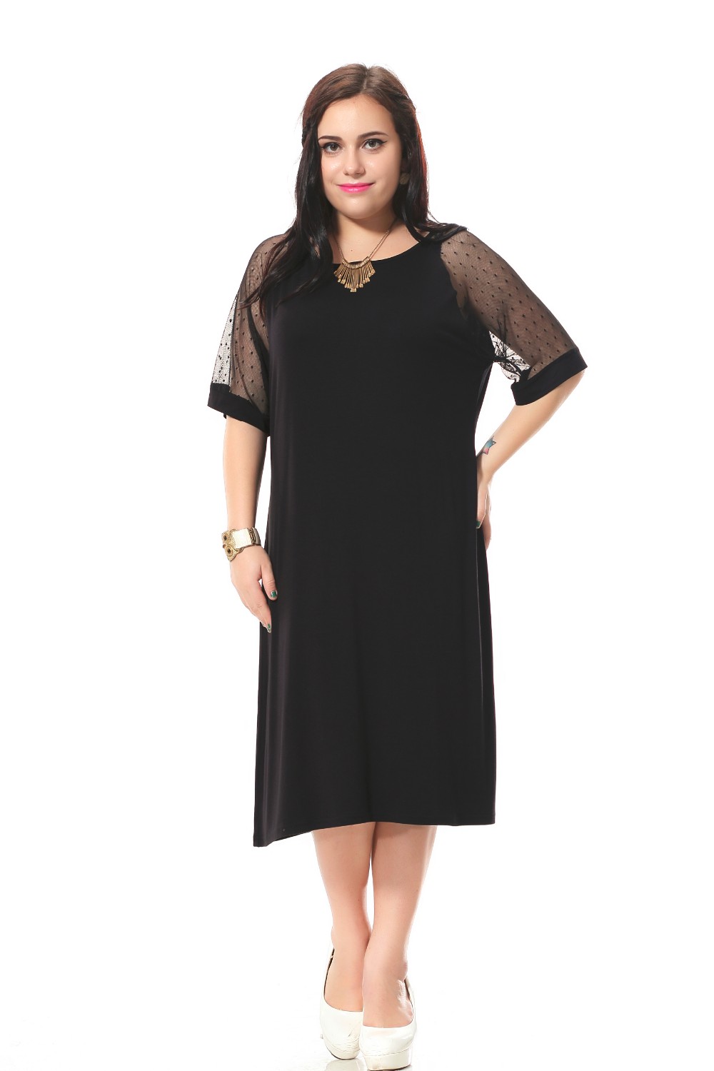 Plus-Size-casual-dress-women-with-lace-short-sleeve-patchwork-Black-loose-dress--Cotton-party-dress--32699541686