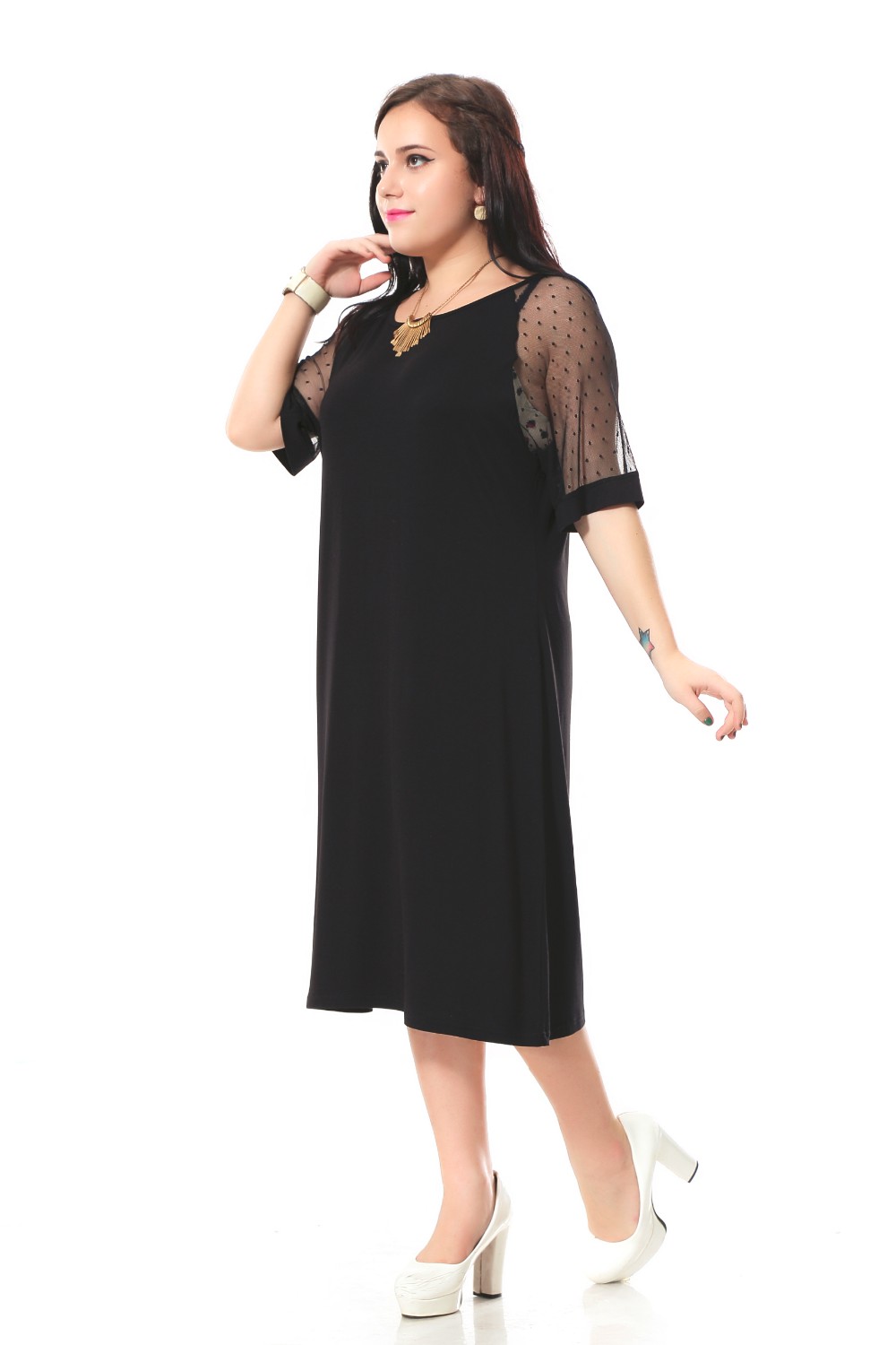 Plus-Size-casual-dress-women-with-lace-short-sleeve-patchwork-Black-loose-dress--Cotton-party-dress--32699541686