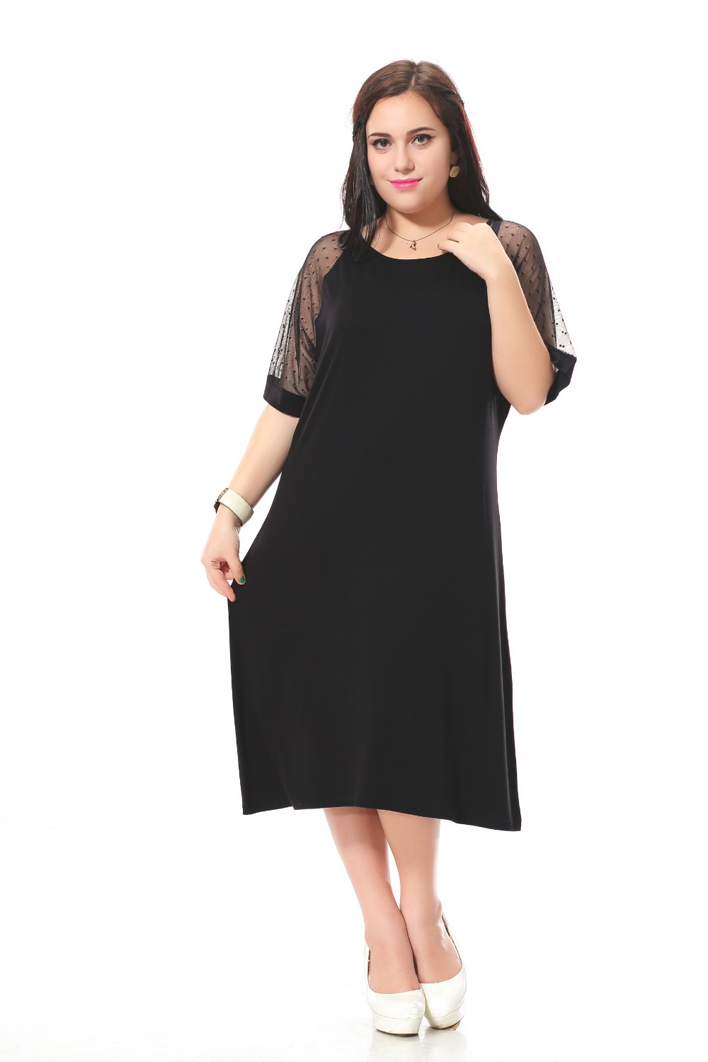 Plus-Size-casual-dress-women-with-lace-short-sleeve-patchwork-Black-loose-dress--Cotton-party-dress--32699541686