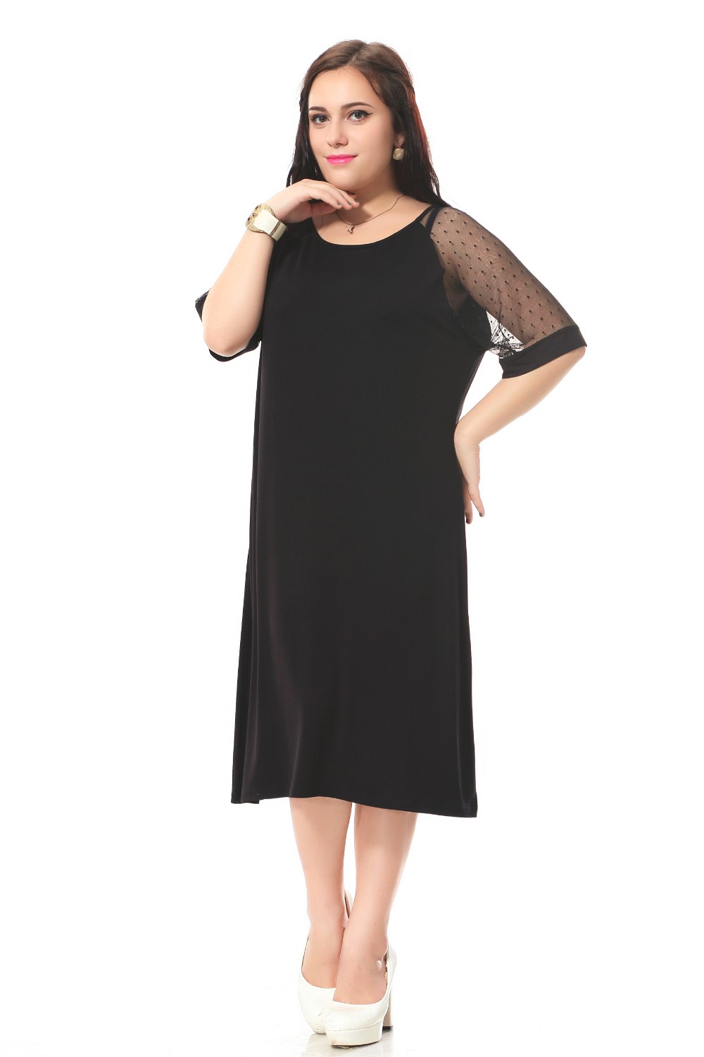 Plus-Size-casual-dress-women-with-lace-short-sleeve-patchwork-Black-loose-dress--Cotton-party-dress--32699541686