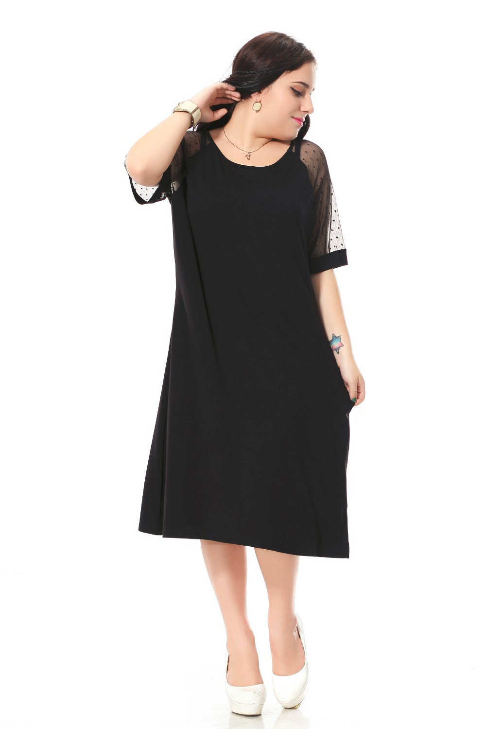 Plus-Size-casual-dress-women-with-lace-short-sleeve-patchwork-Black-loose-dress--Cotton-party-dress--32699541686