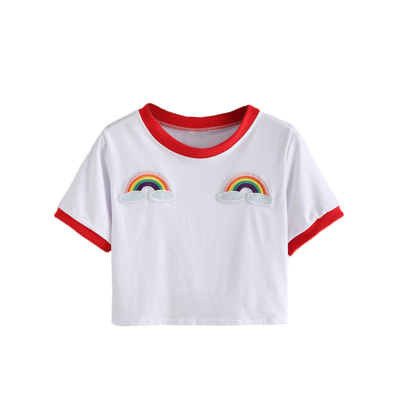 ROMWE-Contrast-Trimmed-Rainbow-Patch-Crop-Tees-Summer-Woman-T-shirts-2016-Fashion-Round-Neck-Short-S-32663345341