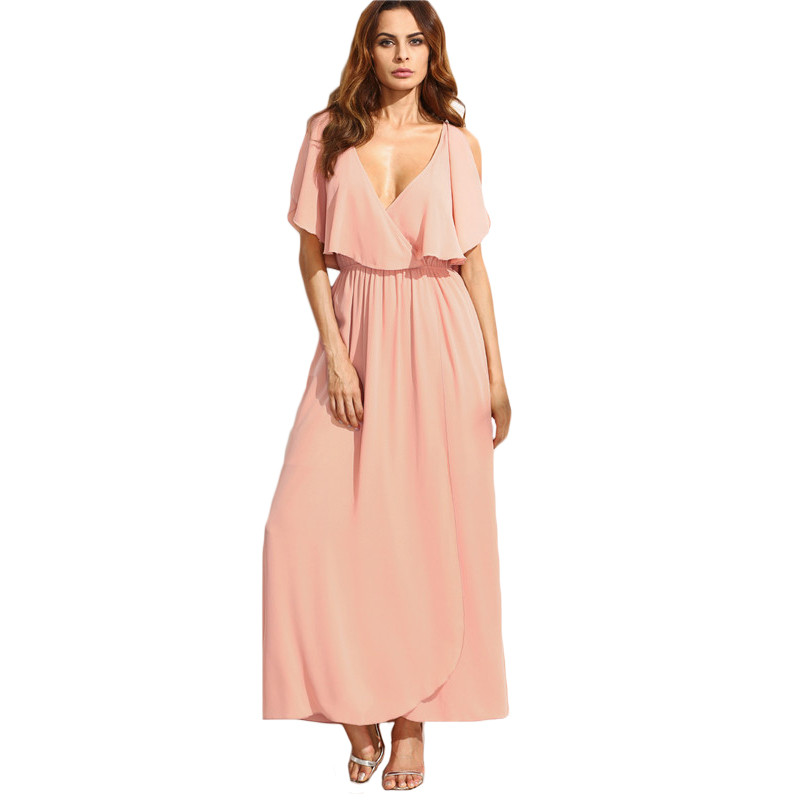 SheIn-Long-Dresses-For-Women-Summer-Style-Ladies-Plain-Pink-Spaghetti-Strap-Deep-V-Neck-Ruffle-Sleev-32735087224
