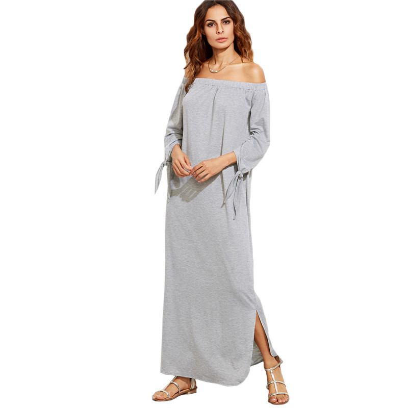 SheIn-Long-Shift-T-shirt-Dresses-For-Ladies-Summer-Heather-Grey-Off-The-Shoulder-Tie-Long-Sleeve-Sli-32735541437