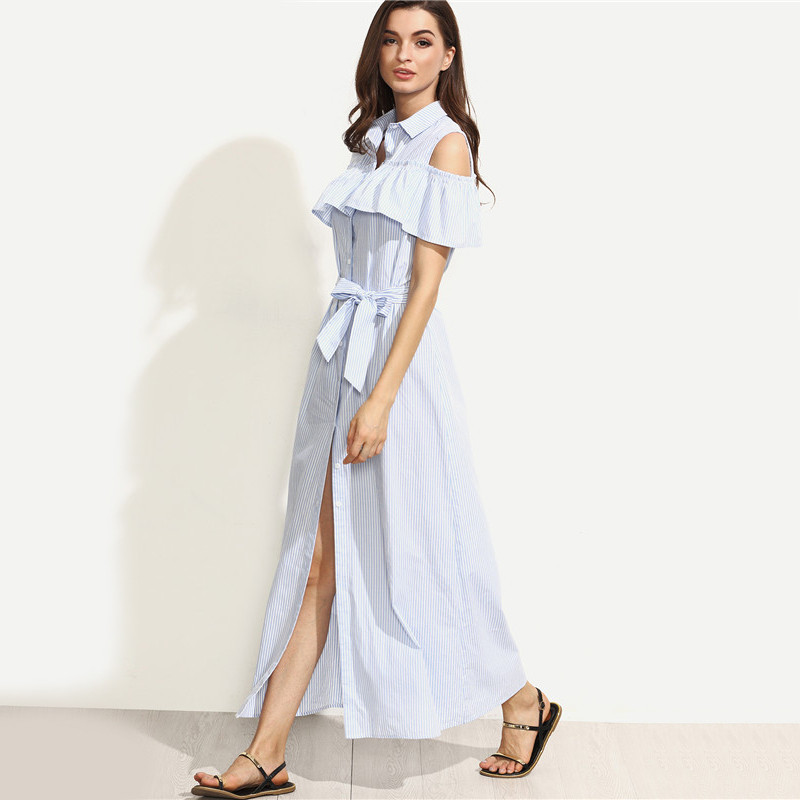 SheIn-New-Women-Long-Dresses-Summer-Ladies-Blue-Striped-Lapel-Short-Sleeve-Cold-Shoulder-Ruffle-Tie--32697048129