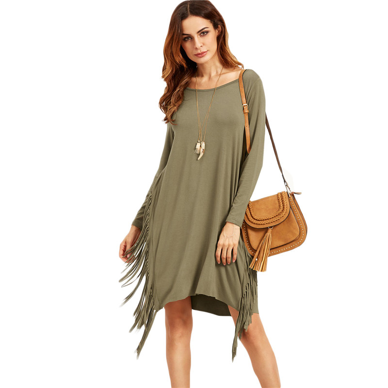 SheIn-Women-Plain-Olive-Green-Long-Sleeve-Fringe-Straight-Dresses-Ladies-Autumn-Scoop-Neck-Casual-T--32738647373