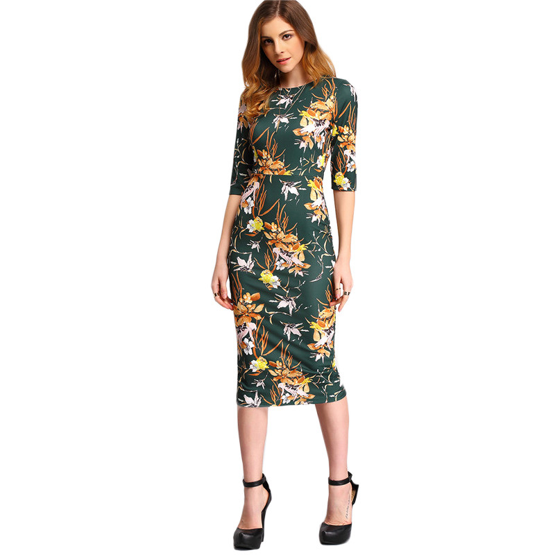 SheIn-Womens-Autumn-Dress-Bodycon-Dresses-New-Vintage-2016-Spring-Summer-Office-Green-Mock-Neck-Flor-32613255457