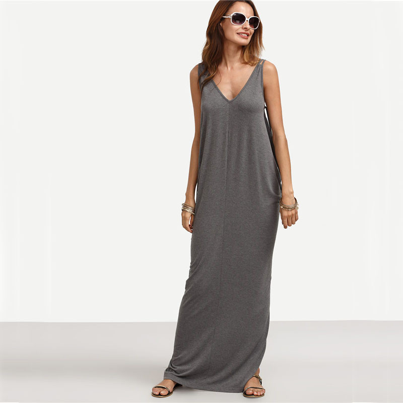 SheIn-Womens-Sexy-Long-Dresses-Summer-Ladies-Plain-Grey-Sleeveless-V-Neck-Backless-Cut-Out-Split-Shi-32698087182