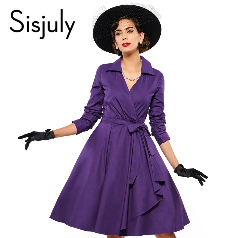 Sisjuly-Vintage-1950s-spring-women-dress-with-sashes-bow-purple-solid-three-quarter-sleeve-party-ele-32765918206