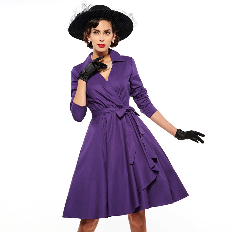 Sisjuly-Vintage-1950s-spring-women-dress-with-sashes-bow-purple-solid-three-quarter-sleeve-party-ele-32765918206