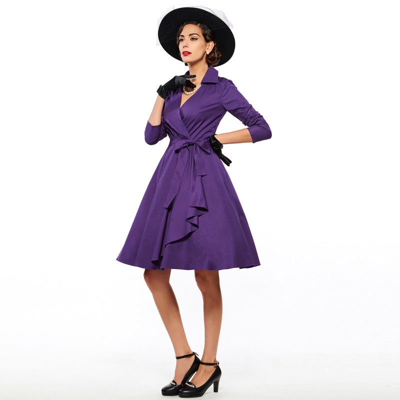 Sisjuly-Vintage-1950s-spring-women-dress-with-sashes-bow-purple-solid-three-quarter-sleeve-party-ele-32765918206