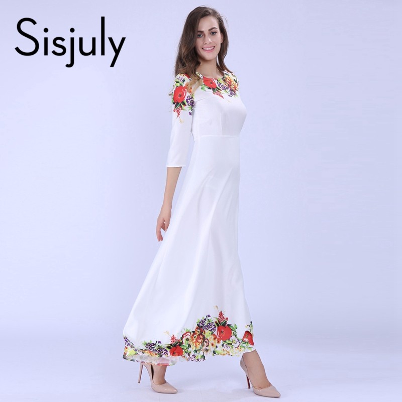 Sisjuly-Women-Maxi-Dresses-Elegant-Round-neck-34--Sleeve-Casual-White-Floral-Print-Long-Evening-Part-32492199934