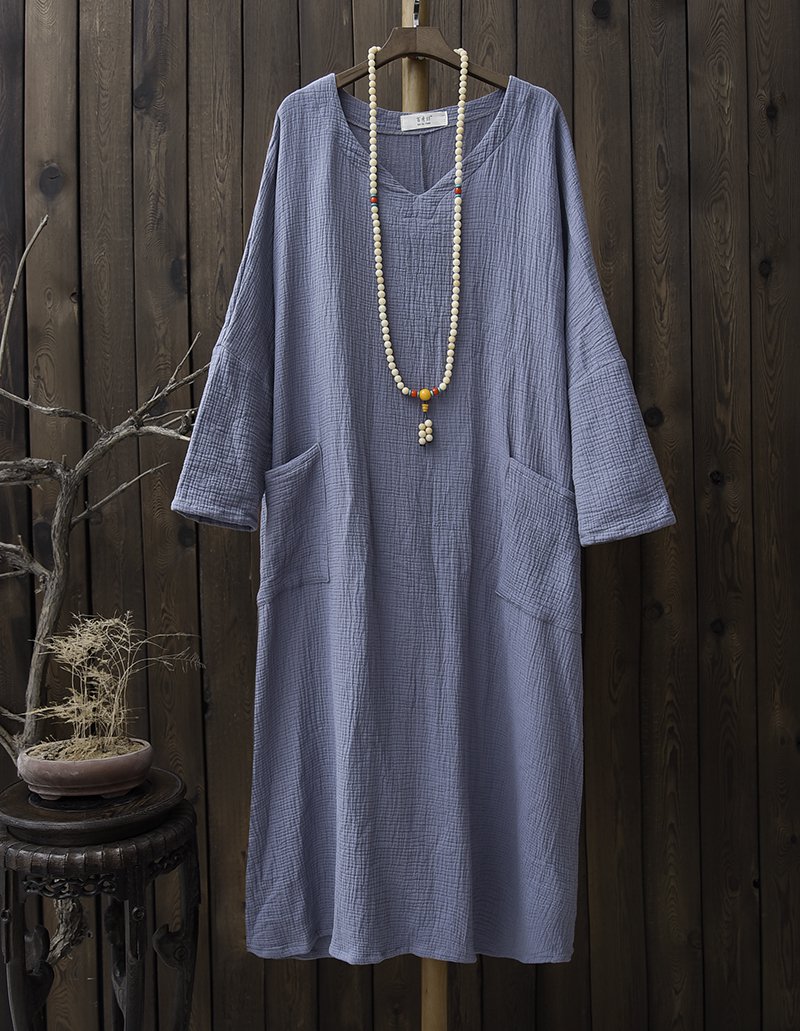 Solid-Cotton-Long-sleeve-Women-Long-Dress-Plus-size-Oversized-Casual-Zen-Robe-Femme-Dress-Original-L-32478574289