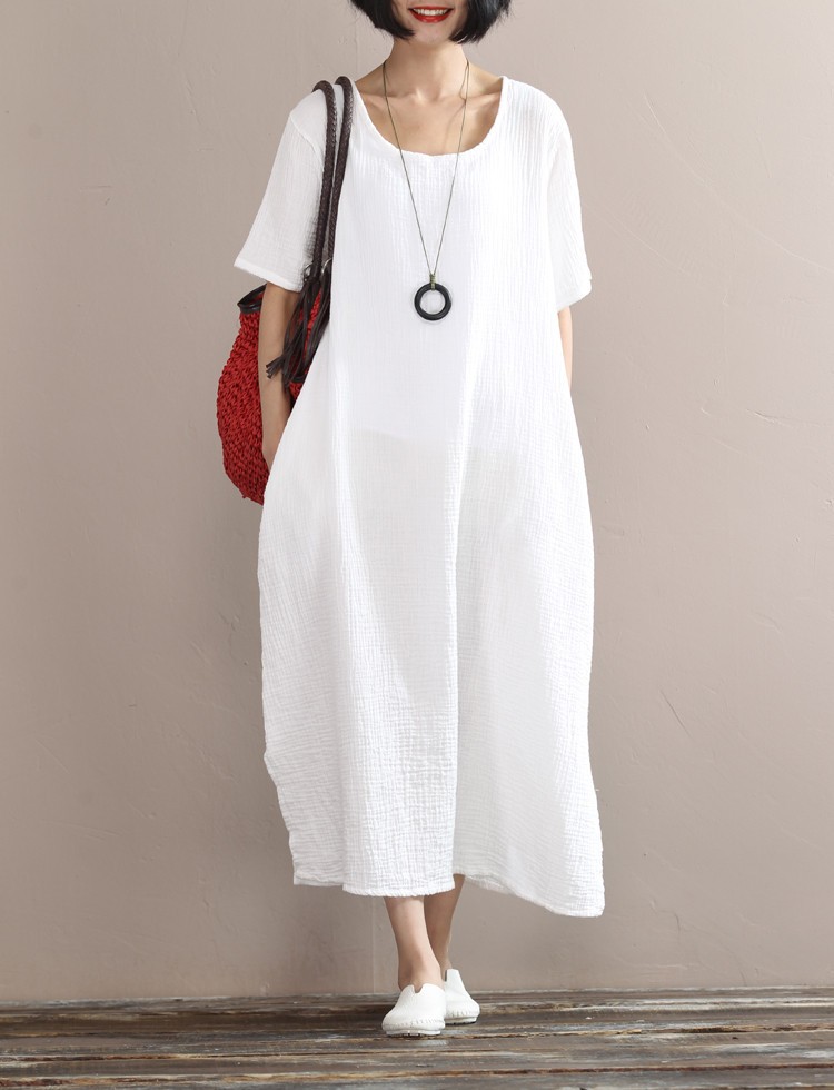 Solid-colors-cotton-linen-long-dress-2016-Summer-women-loose-waist-casual-gown-Short-sleeve-large-si-32674155641