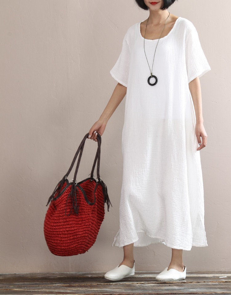 Solid-colors-cotton-linen-long-dress-2016-Summer-women-loose-waist-casual-gown-Short-sleeve-large-si-32674155641
