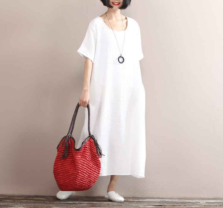 Solid-colors-cotton-linen-long-dress-2016-Summer-women-loose-waist-casual-gown-Short-sleeve-large-si-32674155641