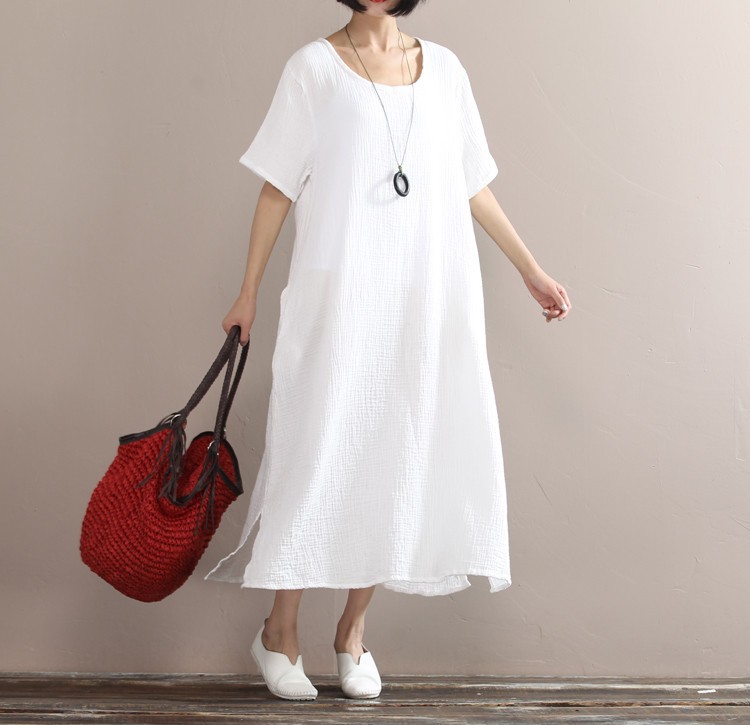 Solid-colors-cotton-linen-long-dress-2016-Summer-women-loose-waist-casual-gown-Short-sleeve-large-si-32674155641