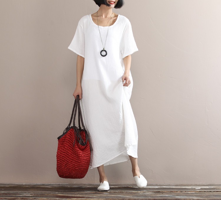 Solid-colors-cotton-linen-long-dress-2016-Summer-women-loose-waist-casual-gown-Short-sleeve-large-si-32674155641