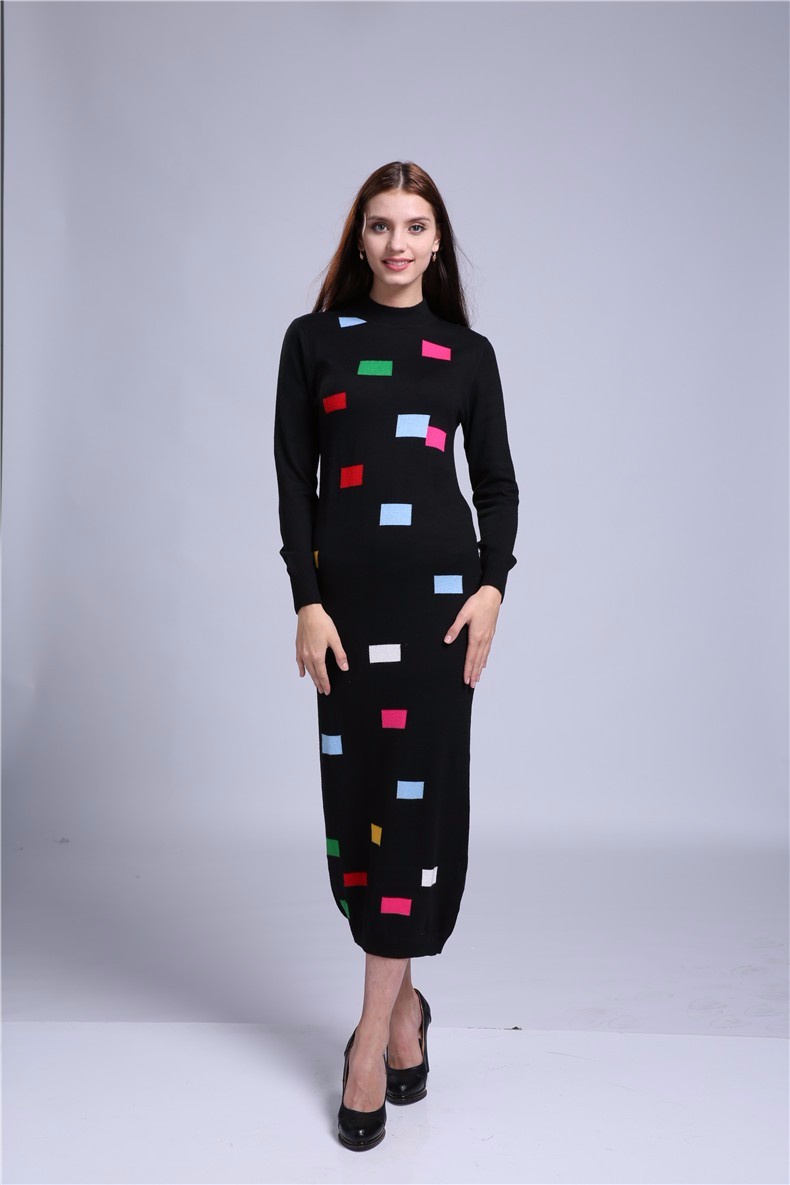 Sparsil-Women39s-WinterampAutumn-O-Neck-Cashmere-Blend-Long-Dress-Lady-Geometric-Printed-Patchwork-M-32711512835