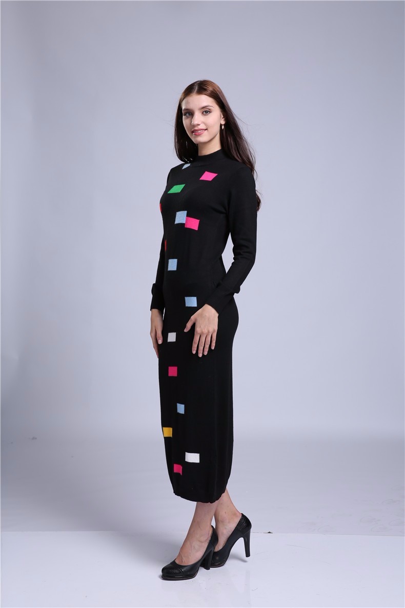 Sparsil-Women39s-WinterampAutumn-O-Neck-Cashmere-Blend-Long-Dress-Lady-Geometric-Printed-Patchwork-M-32711512835