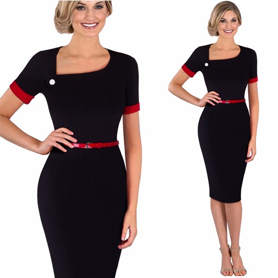 Summer-Casual-Women-Wear-To-Work-Business-Office-Elegant-Belt-Short-Sleeves-Bodycon-Pencil-Dress-EB3-32757615669