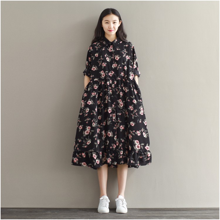 Summer-Dress-Floral-Print-Loose-Waist-Women-Dress-Turn-Down-Collar-Dress-Black-Color-Plus-Size-Women-32695353839