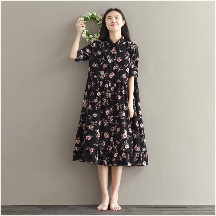 Summer-Dress-Floral-Print-Loose-Waist-Women-Dress-Turn-Down-Collar-Dress-Black-Color-Plus-Size-Women-32695353839