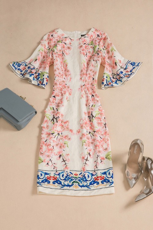 Summer-Style-Designer-Runway-Dress-Women39s-Flare-Sleeve-Slim-Printed-Jacquard-Appliques-Sheath-Dres-32688534150